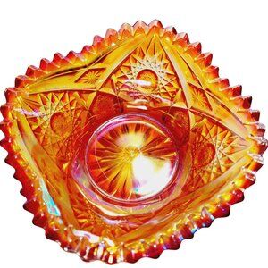 1950s Glass Bowl Hobstar Pattern Sawtooth Edge Honey Amber Carnival Glass